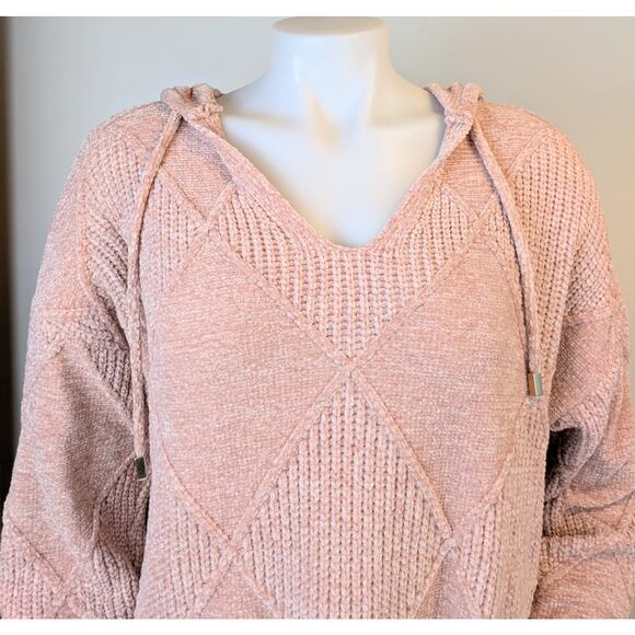 NEW Cynthia Rowley Sweater Hoodie Large Pink Chenille Textured Diamond Knit Soft - Picture 4 of 9